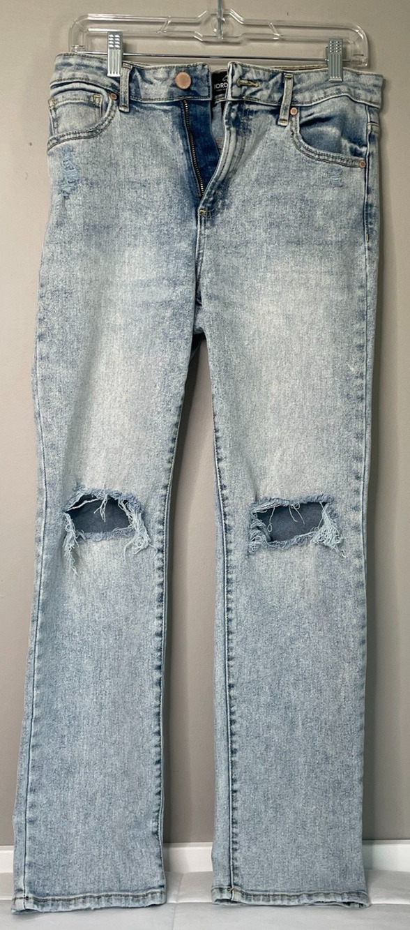 Jordache High Rise Straight Jeans Womens 8 Light Wash Distressed Knee Stretch De